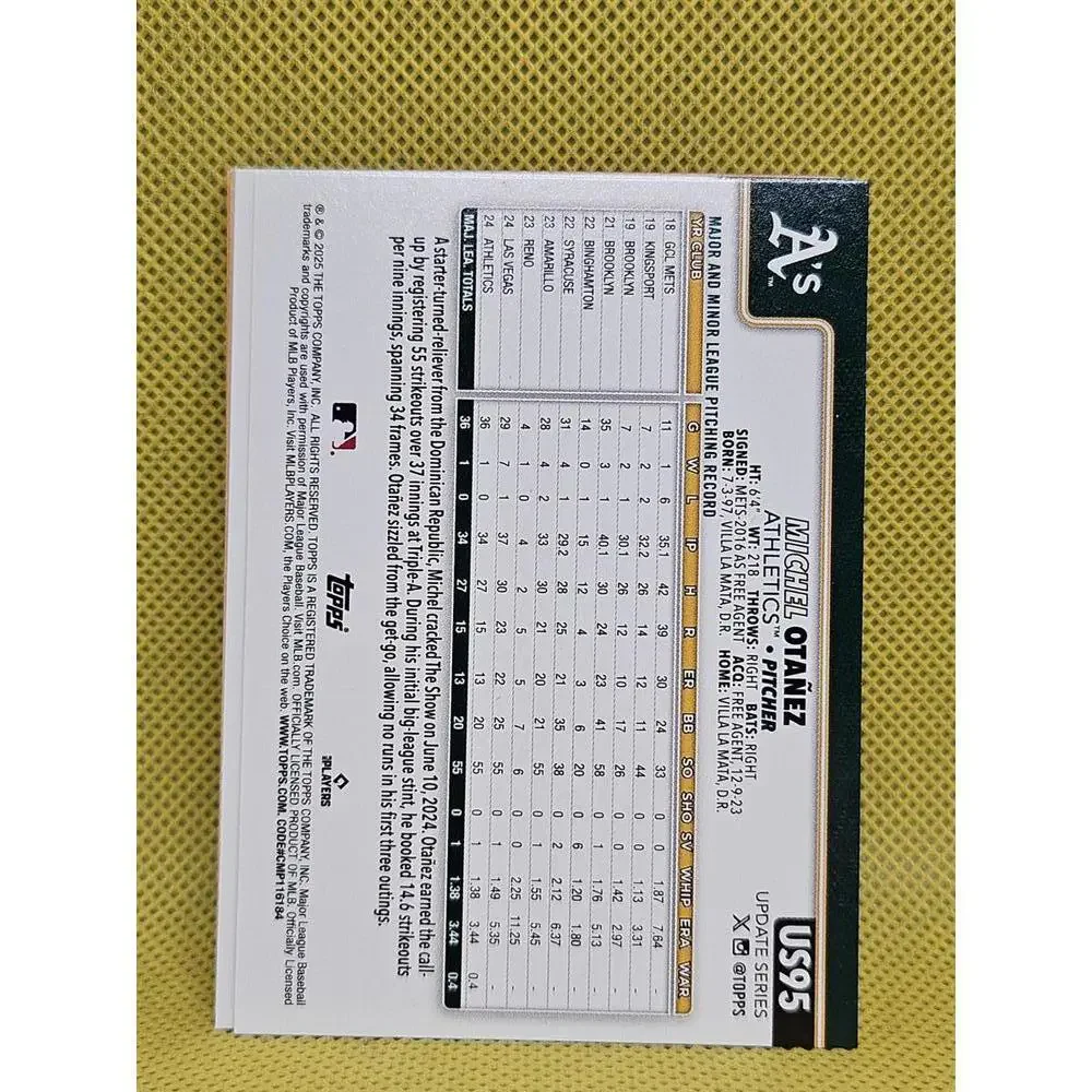 2025 Topps Update #US95 - Luis Otanez - A's - Rookie Card - Picture 2 of 2